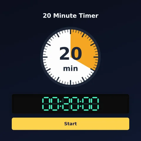 The Time and Space Science 20-minute timer: an analog dial with 20 minutes shaded orange, the digital read-out and a Start button