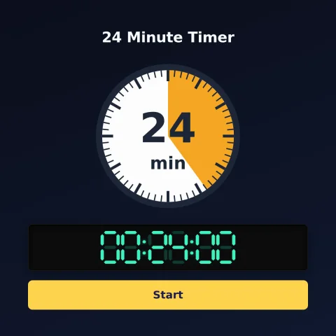 The Time and Space Science 24-minute timer: an analog dial with 24 minutes shaded orange, the digital read-out and a Start button