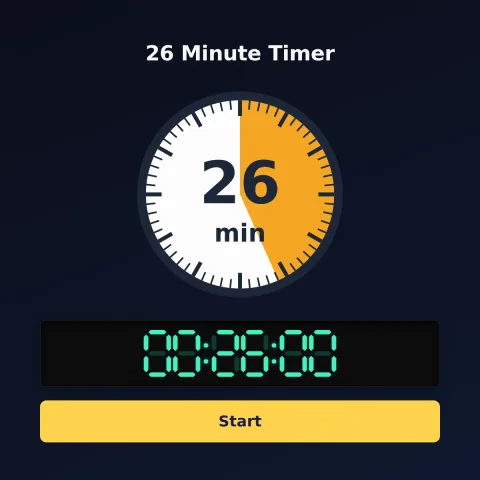 The Time and Space Science 26-minute timer: an analog dial with 26 minutes shaded orange, the digital read-out and a Start button