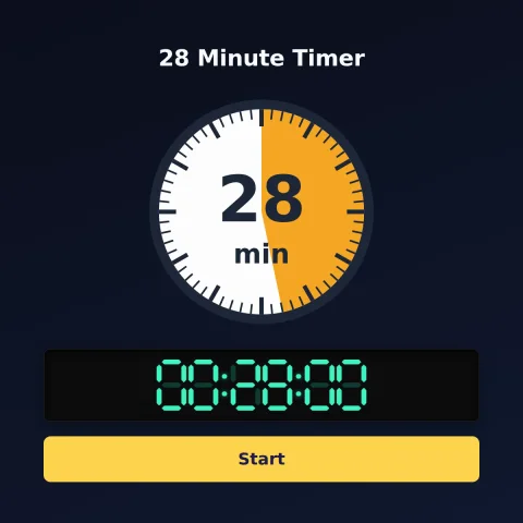 The Time and Space Science 28-minute timer: an analog dial with 28 minutes shaded orange, the digital read-out and a Start button