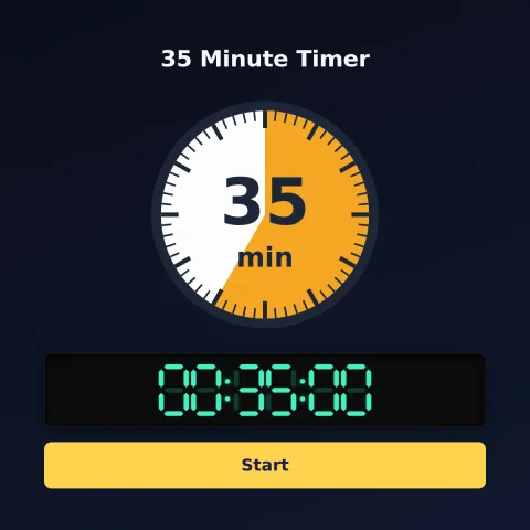 The Time and Space Science 35-minute timer: an analog dial with 35 minutes shaded orange, the digital read-out and a Start button