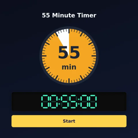 The Time and Space Science 55-minute timer: an analog dial with 55 minutes shaded orange, the digital read-out and a Start button