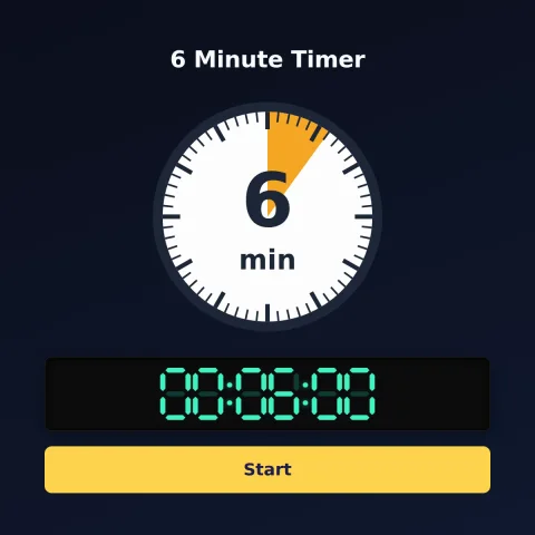 The Time and Space Science 6-minute timer: an analog dial with 6 minutes shaded orange, the digital read-out and a Start button